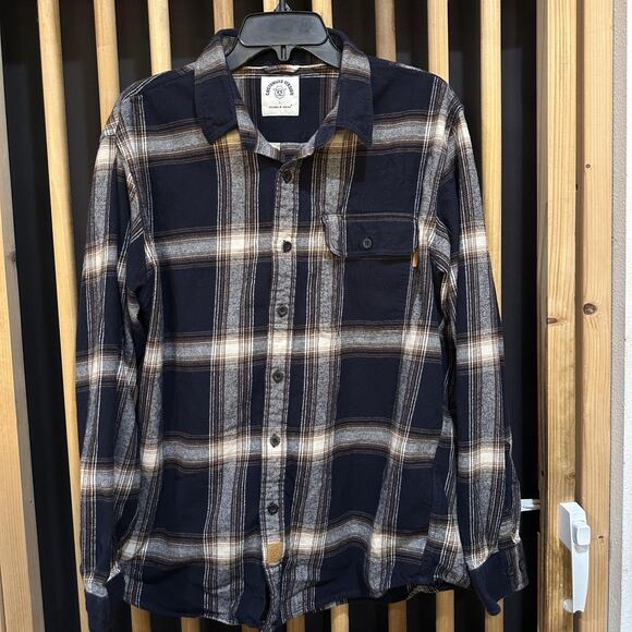 Dubinik Flannel Shirt Men Size L Blue Brown Plaid Button Up 100% Cotton - Picture 1 of 7